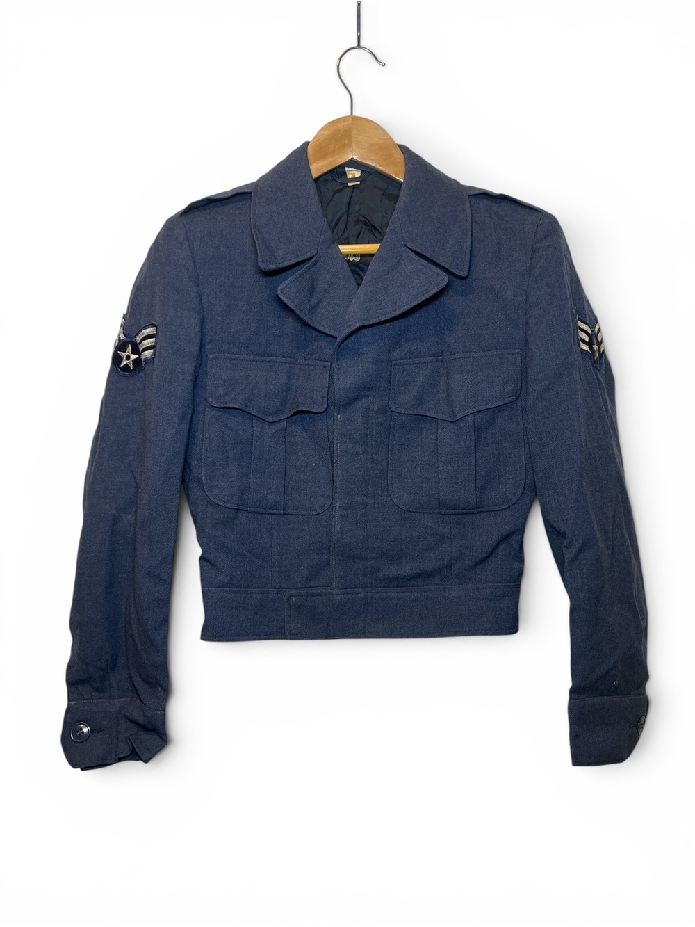 50s Air Force USAF Cropped 100%Wool Jacket Blue Senior Airman L-0343 38R Vintage